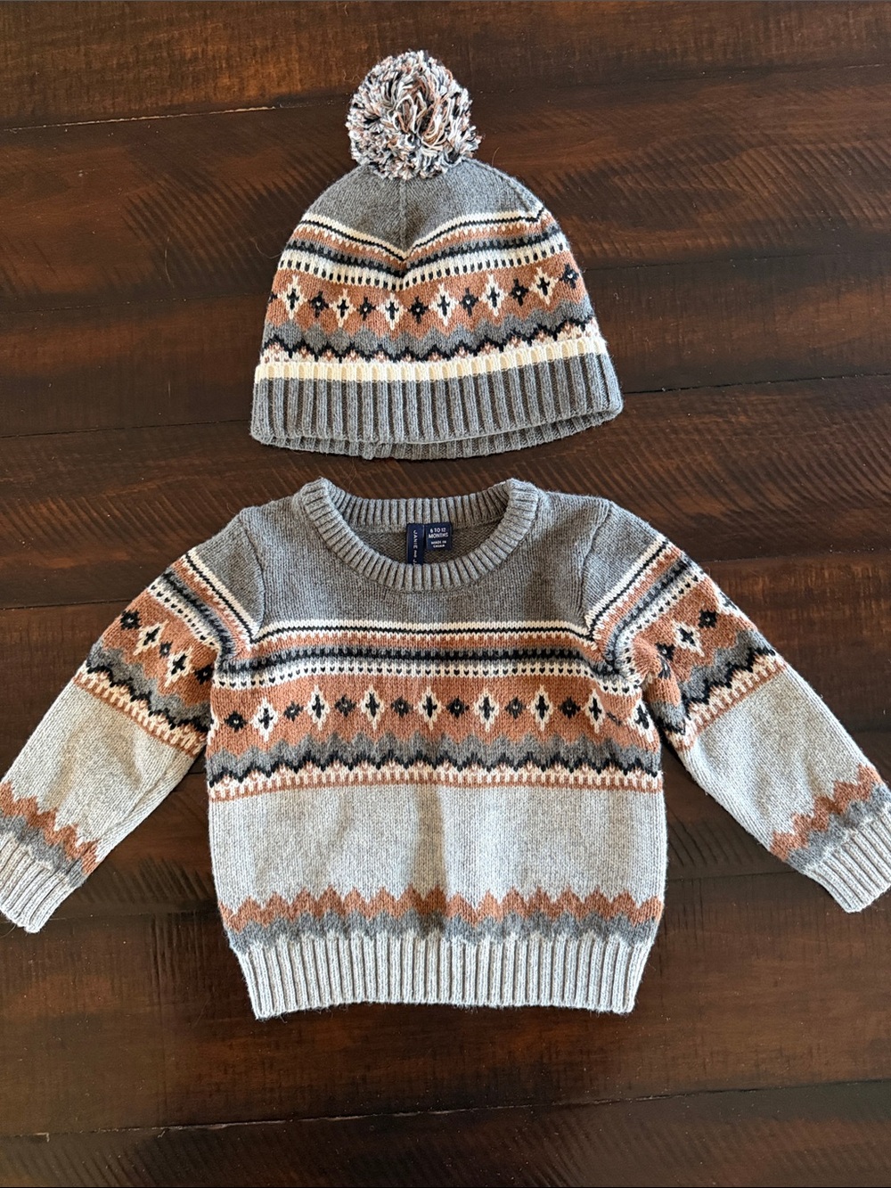 Janie and Jack  Gray and Rust Fair Isle Knit Sweater with Pom Beanie